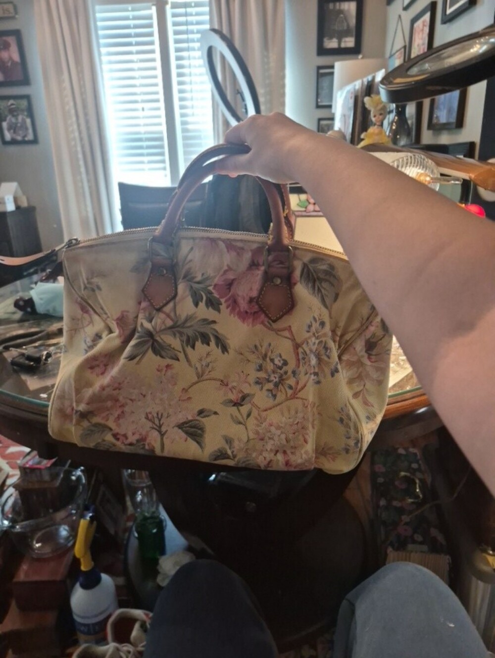 VINTAGE Ralph Lauren Pink Floral Canvas Tote with Brown Leather Handles - Picture 15 of 15
